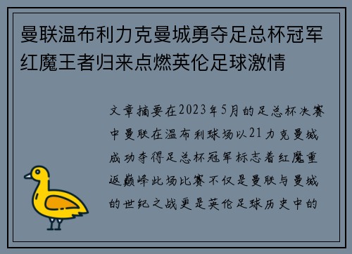 曼联温布利力克曼城勇夺足总杯冠军红魔王者归来点燃英伦足球激情