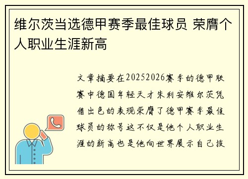 维尔茨当选德甲赛季最佳球员 荣膺个人职业生涯新高