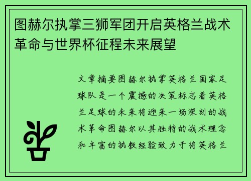 图赫尔执掌三狮军团开启英格兰战术革命与世界杯征程未来展望